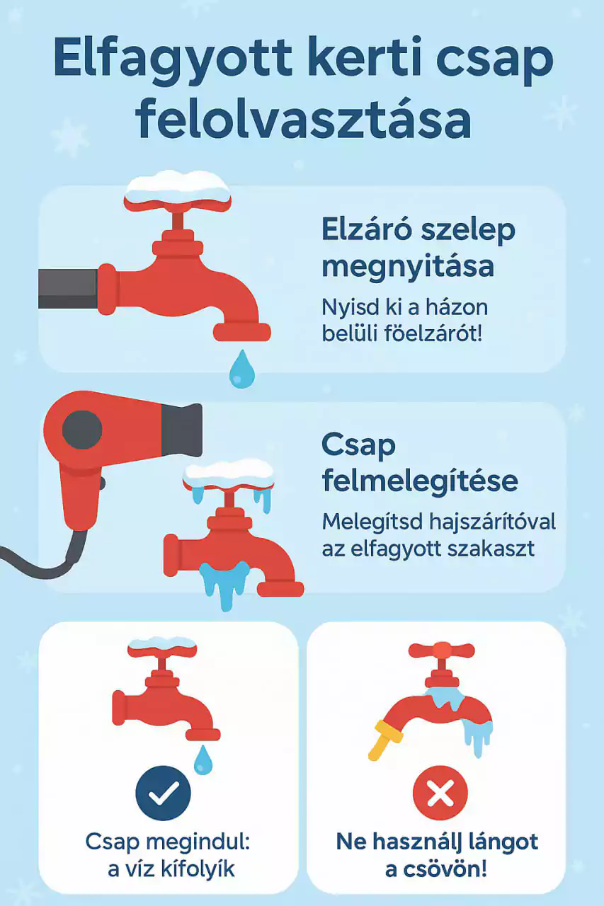 Kerti csap kialakítása és téliesítése infografika - talajcsap, cső mélysége és elzáró szelep bemutatása