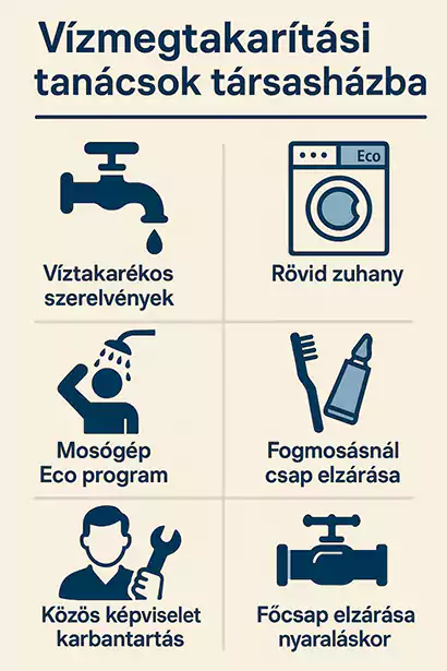 Infografika: társasházi víztakarékossági tanácsok a rövid zuhanytól a víztakarékos szerelvényekig és a főcsap elzárásáig