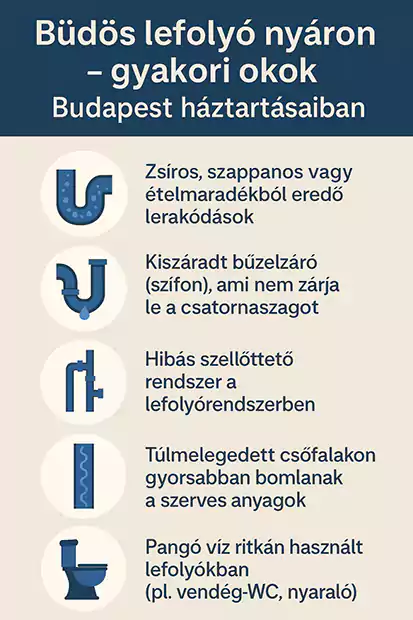 Büdös lefolyó nyáron – gyakori okok Budapest háztartásaiban, például lerakódások, kiszáradt szifon, hibás szellőztetés, pangó víz