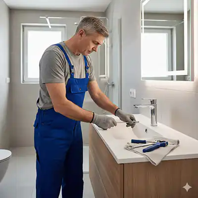 Vízvezeték-szerelő új csaptelepet szerel egy felújított, modern fürdőszobában