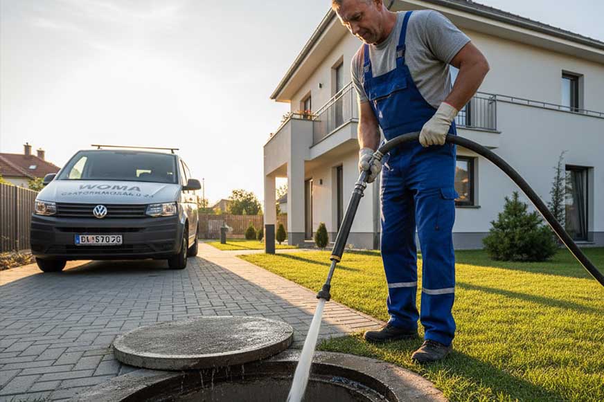 Szakember WOMA tömlővel tisztít kültéri aknát egy budapesti családi háznál